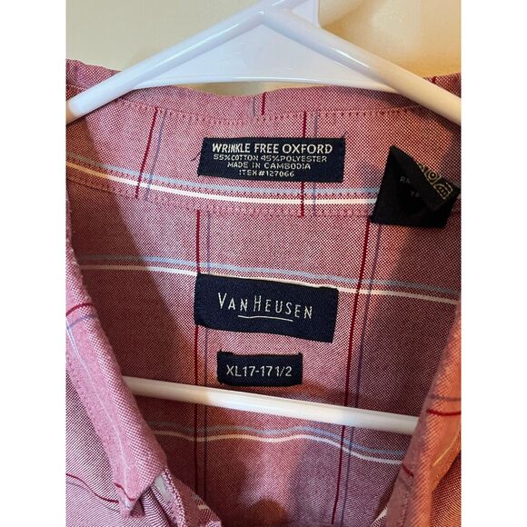 Van Heusen Mens XL 17-17.5 Salmon Plaid Short Sleeve Button Up Shirt - Picture 2 of 4